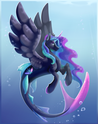 Size: 1001x1273 | Tagged: safe, artist:cyanreef, oc, oc only, alicorn, hybrid, merpony, seapony (g4), artfight, blue mane, bubble, crepuscular rays, curved horn, digital art, dorsal fin, feather, female, fins, fish tail, flowing mane, flowing tail, green eyes, horn, mare, ocean, seaponified, signature, smiling, solo, species swap, spread wings, swimming, tail, underwater, water, wings