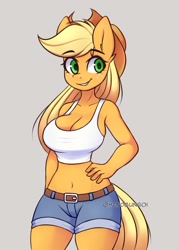 Size: 800x1120 | Tagged: safe, artist:handgunboi, applejack, earth pony, anthro, g4, beautiful, belly button, belt, big breasts, breasts, busty applejack, cleavage, clothes, curvy, daisy dukes, denim, female, freckles, hand on hip, hat, hourglass figure, jeans, midriff, pants, shorts, simple background, smiling, solo, stupid sexy applejack, tank top