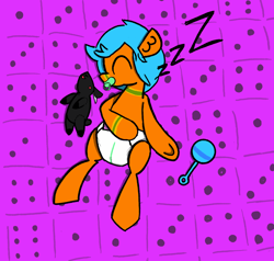 Size: 2000x1900 | Tagged: safe, artist:duckchip, oc, earth pony, goat, pony, bed, commission, diaper, diaper fetish, dice, earth pony oc, fetish, non-baby in diaper, onomatopoeia, plushie, rattle, sleeping, sleepy, solo, sound effects, ych result, zzz