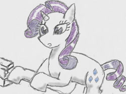 Size: 640x480 | Tagged: safe, artist:あすぐり, rarity, pony, unicorn, g4, female, mare, open mouth, sewing machine, solo, traditional art