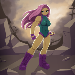 Size: 1250x1250 | Tagged: safe, artist:howxu, fluttershy, human, equestria girls, g4, breasts, clothes, commission, female, fingerless gloves, flutterhulk, gloves, muscles, muscleshy, muscular female, solo