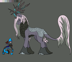 Size: 3500x3000 | Tagged: safe, artist:brainiac, oc, oc only, oc:heccin pepperino, oc:hymm, kirin, pony, alien kirin, concept art, duo, eye contact, female, giant kirin, giant pony, gray background, high res, kirin oc, looking at each other, looking at someone, male, mare, simple background, stallion