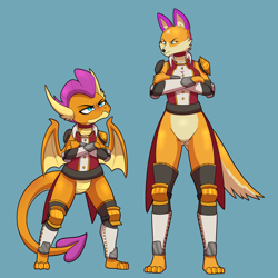Size: 7000x7000 | Tagged: safe, artist:chedx, smolder, dragon, wolf, anthro, g4, armor, bottomless, clothes, crossover, dragoness, featureless crotch, female, monster hunter, palamute, partial nudity, self paradox, species swap, unamused