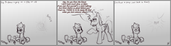 Size: 3000x800 | Tagged: safe, artist:hiddelgreyk, oc, oc only, pegasus, pony, atg 2022, bionicle, black and white, colt, comic, dialogue, duo, foal, grayscale, lego, looking at each other, looking at someone, male, monochrome, newbie artist training grounds, pegasus oc, pointing, self paradox, self ponidox, shook, signature, simple background, sitting, sketch, speech bubble, stallion, time travel