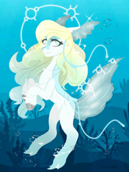Size: 1280x1707 | Tagged: safe, artist:deadlybean2019, oc, oc only, original species, pony, bubble, coral, digital art, female, fin wings, fins, flowing mane, flowing tail, jewelry, lineless, mare, necklace, ocean, pearl necklace, seaweed, smiling, solo, tail, underwater, unshorn fetlocks, water, wings