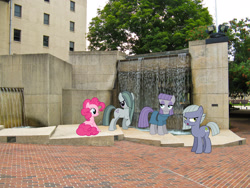 Size: 2048x1536 | Tagged: safe, artist:cencerberon, artist:luckreza8, artist:mlplover94, artist:slb94, limestone pie, marble pie, maud pie, pinkie pie, earth pony, pony, g4, alabama, annoyed, birmingham, blushing, female, irl, mare, photo, pie sisters, ponies in real life, siblings, sisters, water, waterfall