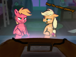 Size: 2732x2048 | Tagged: safe, artist:phutashi, applejack, big macintosh, earth pony, pony, g4, atg 2022, brother and sister, controller, dialogue, duo, female, floppy ears, grin, high res, joystick, male, missing accessory, newbie artist training grounds, siblings, smiling, television, video game