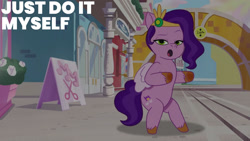 Size: 1280x720 | Tagged: safe, edit, edited screencap, editor:quoterific, screencap, pipp petals, pegasus, pony, clip trot, g5, my little pony: tell your tale, spoiler:g5, spoiler:my little pony: tell your tale, spoiler:tyts01e07, :o, bipedal, female, mare, open mouth, solo, text