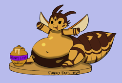 Size: 1171x794 | Tagged: safe, artist:montsundere, artist:waspm0ther, oc, oc only, oc:bee berry, bee pony, original species, 69 (number), belly, big belly, collaboration, dot eyes, fat, fat fetish, female, fetish, food, funko, honey, open mouth, open smile, simple background, sitting, smiling, solo, toy