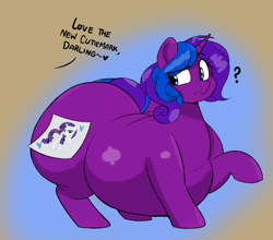 Size: 1124x990 | Tagged: safe, artist:montsundere, artist:waspm0ther, color edit, edit, rarity, oc, oc:scribble script, pony, unicorn, g4, abstract background, belly, big belly, butt, canon x oc, colored, duo, fat, fat fetish, female, fetish, heart, horn, large butt, lesbian, obscured cutie mark, offscreen character, plot, question mark, shipping, solo focus, unicorn oc