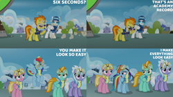 Size: 1280x720 | Tagged: safe, edit, edited screencap, editor:quoterific, screencap, cloudchaser, fast clip, lightning dust, manerick, meadow flower, rainbow dash, spitfire, pegasus, pony, g4, season 3, wonderbolts academy, :o, eyes closed, female, flying, goggles, male, mare, open mouth, open smile, smiling, spread wings, stallion, text, wings