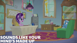 Size: 1280x720 | Tagged: safe, edit, edited screencap, editor:quoterific, screencap, starlight glimmer, trixie, pony, unicorn, g4, road to friendship, season 8, couch, duo, female, mare, open mouth, school of friendship, starlight's office, text