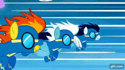 Size: 640x360 | Tagged: safe, screencap, fleetfoot, soarin', spitfire, pegasus, pony, g4, season 4, twilight's kingdom, animated, clothes, cloudsdale, female, flying, gif, gifs.com, goggles, let the rainbow remind you, male, mare, open mouth, open smile, rainbow, smiling, spread wings, stallion, trio, uniform, wings, wonderbolts uniform