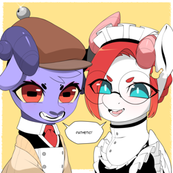 Size: 3000x3000 | Tagged: safe, artist:sugarelement, oc, oc:madeline, oc:red cherry, goat, pegasus, pony, butler, clothes, doe, female, glasses, high res, maid, maid headdress, speech bubble