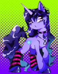 Size: 1465x1880 | Tagged: safe, artist:stacy_165cut, izzy moonbow, pony, unicorn, g5, backwards cutie mark, choker, clothes, ear piercing, earring, eyeshadow, female, goth, goth izzy, horn, jewelry, makeup, mare, necklace, piercing, socks, solo