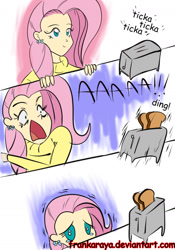 Size: 1007x1441 | Tagged: safe, artist:frankaraya, fluttershy, human, g4, 2012, adorable distress, bread, cute, female, food, frown, humanized, lidded eyes, open mouth, scared, screaming, shivering, shyabetes, smiling, solo, toast, toaster, wide eyes