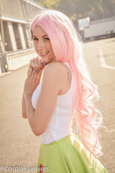 Size: 640x960 | Tagged: safe, artist:evaangelyne, fluttershy, human, g4, 2015, bare shoulders, clothes, cosplay, costume, irl, irl human, photo, sleeveless, solo, tank top