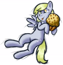 Size: 2920x3020 | Tagged: safe, artist:trr_bc, derpy hooves, pegasus, pony, fighting is magic, fighting is magic aurora, g4, food, gray coat, high res, muffin, simple background, solo, splash art, white background, yellow eyes, yellow mane