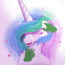 Size: 2008x2000 | Tagged: safe, artist:enonnnymous, princess celestia, oc, oc:anon, alicorn, human, pony, series:anon loves celestia, g4, blushing, chest fluff, cute, cutelestia, disembodied hand, ear scratch, eyes closed, hand, heart, high res, laughing, open mouth, open smile, simple background, smiling