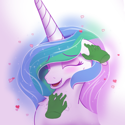 Size: 2008x2000 | Tagged: safe, alternate version, artist:enonnnymous, princess celestia, oc, oc:anon, alicorn, human, pony, g4, blushing, chest fluff, cute, cutelestia, disembodied hand, ear scratch, eyes closed, floating heart, hand, happy, heart, high res, laughing, open mouth, open smile, simple background, smiling, transparent background