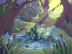 Size: 2400x1800 | Tagged: safe, artist:geatmos, queen chrysalis, changeling, changeling queen, g4, camouflage, cattails, crepuscular rays, crown, featured image, female, glare, hiding, high res, jewelry, looking at you, moss, outdoors, partially submerged, peekaboo, peeking, plant, reeds, regalia, scenery, scenery porn, solo, spread out hair, sunlight, swamp, tree, water