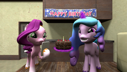 Size: 3413x1920 | Tagged: safe, artist:westrail642fan, izzy moonbow, pipp petals, pegasus, pony, unicorn, g4, g5, 3d, birthday, black forest cake, cake, food, g5 to g4, generation leap, phone, source filmmaker