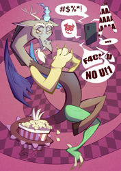 Size: 1700x2400 | Tagged: safe, artist:geatmos, discord, draconequus, g4, abstract background, angry, cellphone, crossed legs, food, mischievous, phone, popcorn, signature, smartphone, solo