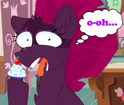 Size: 973x822 | Tagged: safe, artist:decokenite, artist:katnekobase, fizzlepop berrytwist, tempest shadow, pony, unicorn, g4, cupcake, eating, female, food, it happened, mare, oh no, open mouth, shocked, shocked expression, shocked eyes, solo, speech bubble, tongue out, wtf, wtf face