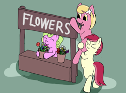 Size: 1136x837 | Tagged: safe, artist:frilanka, daisy, flower wishes, lily, lily valley, roseluck, earth pony, pony, bipedal, female, filly, flower, flower in hair, flower trio, foal, hammer, paint, stand, standing, standing on two hooves, trio, trio female