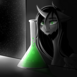 Size: 750x750 | Tagged: safe, artist:kat-the-true-kitkat, oc, oc only, pony, unicorn, crying, erlenmeyer flask, flask, horn, inktober, inktober 2018, solo, unicorn oc