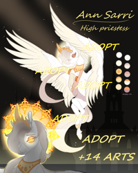 Size: 6000x7500 | Tagged: safe, artist:luna dave, oc, pegasus, pony, adoptable, adopted, auction, belly, blonde hair, blonde mane, colored hooves, colored wings, colored wingtips, concave belly, crown, female, fixed, halo, jewelry, large wings, makeup, pegasus oc, priestess, realistic horse legs, realistic wings, regalia, slender, solo, thin, unshorn fetlocks, wings