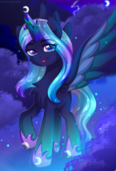 Size: 1700x2500 | Tagged: safe, artist:stesha, oc, oc only, alicorn, pony, alicorn oc, blue mane, commission, crescent moon, crown, female, gradient eyes, gradient mane, gradient tail, hoof shoes, horn, jewelry, looking at you, mare, moon, night, open mouth, ponified, raised hoof, regalia, smiling, solo, spread wings, tail, wings
