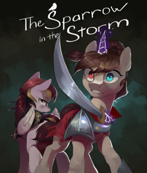 Size: 4259x5000 | Tagged: safe, artist:egil, oc, oc only, oc:typhoon, pegasus, pony, unicorn, fanfic:the sparrow in the storm, armor, fanfic, fanfic art, fanfic cover, heterochromia, sword, weapon