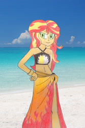 Size: 1594x2393 | Tagged: safe, artist:spongebronyph, artist:spongeotakuph, sunset shimmer, human, equestria girls, g4, beach, belly button, bikini, bikini top, clothes, fiery shimmer, sarong, summer, swimsuit