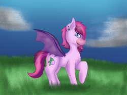 Size: 1280x960 | Tagged: safe, artist:lil_vampirecj, oc, oc:bree berry, bat pony, pony, ear piercing, earring, jewelry, piercing, scene, solo, spread wings, tongue out, wings