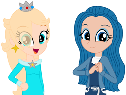 Size: 1298x987 | Tagged: safe, artist:leah2007, artist:user15432, human, equestria girls, g4, barely eqg related, base used, belt, blue dress, clothes, crossover, crown, dress, duo, ear piercing, earring, equestria girls style, equestria girls-ified, eyeshadow, hand on hip, jacket, jewelry, looking at you, makeup, open mouth, piercing, princess rosalina, rainbow high, regalia, rosalina, simple background, skyler bradshaw, smiling, super mario bros., super mario galaxy, white background