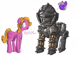Size: 2048x1536 | Tagged: safe, artist:uteuk, shady, oc, oc:natrix capefiv, earth pony, pony, g1, g4, armor, cute, duo, eyes closed, female, g1 shadybetes, g1 to g4, generation leap, grin, happy, helmet, mare, shocked, shocked expression, simple background, smiling, white background
