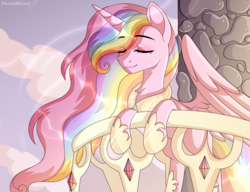 Size: 2500x1924 | Tagged: safe, artist:stesha, oc, oc only, oc:pink satin, alicorn, pony, alicorn oc, balcony, commission, dawn, eyes closed, female, hoof shoes, horn, mare, multicolored hair, rainbow hair, smiling, solo, wings, ych result