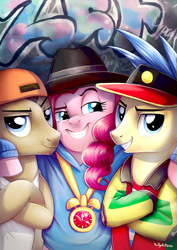 Size: 595x842 | Tagged: safe, artist:yulyeen, doctor whooves, goldengrape, pinkie pie, red delicious, sir colton vines iii, time turner, earth pony, pony, g4, testing testing 1-2-3, apple family member, backwards ballcap, baseball cap, cap, clothes, female, hat, male, mare, rap, rapper pie, smiling, stallion, tank top
