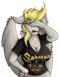 Size: 717x921 | Tagged: safe, artist:jamescorck, derpy hooves, pegasus, anthro, g4, breasts, busty derpy hooves, clothes, commission, derpy hooves is not amused, digital art, facepalm, female, pants, sabaton, shirt, simple background, solo, spread wings, thighs, transparent background, unamused, wide hips, wings