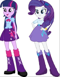 Size: 578x737 | Tagged: safe, artist:jerrybonds1995, rarity, twilight sparkle, human, equestria girls, g4, belt, boots, clothes, high heel boots, shirt, shoes, simple background, skirt, sleeveless, solo, tank top, white background