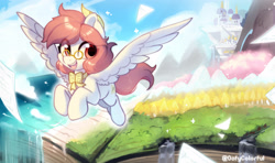 Size: 2688x1589 | Tagged: safe, artist:oofycolorful, oc, oc only, oc:芳棠, pegasus, pony, bowtie, commission, female, flying, forest, glasses, open mouth, open smile, river, scenery, smiling, solo, water