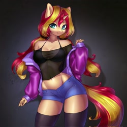 Size: 2048x2048 | Tagged: safe, artist:yutakira92, sunset shimmer, unicorn, anthro, absolute cleavage, alternate hairstyle, belly button, bra, breasts, cleavage, clothes, female, horn, jacket, midriff, open clothes, ponytail, see-through, shirt, shorts, solo, stockings, thigh highs, underwear