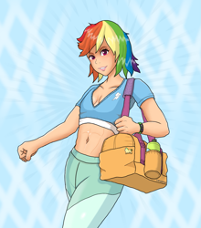 Size: 1163x1321 | Tagged: safe, artist:carpdime, rainbow dash, human, g4, bag, belly button, delicious flat chest, female, humanized, midriff, multicolored hair, rainbow flat, rainbow hair, solo