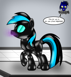 Size: 3840x4154 | Tagged: safe, artist:damlanil, oc, oc:nightlight aura, latex pony, original species, pegasus, pony, series:becoming drone, bdsm, bondage, boots, bound wings, close-up, clothes, collar, comic, commission, damlanil's lab, encasement, female, gas mask, laboratory, latex, latex boots, living latex, mare, mask, mind control, restrained, rubber, rubber drone, rubber suit, shiny, shiny mane, shoes, show accurate, solo, speech bubble, story, story included, tail, tail hole, text, transformation, vector, wings