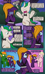 Size: 1920x3168 | Tagged: safe, artist:alexdti, oc, oc only, oc:emerald grace, oc:heart struck, oc:purple creativity, oc:star logic, bat pony, pegasus, pony, unicorn, comic:quest for friendship, bat pony oc, bat wings, blushing, bowtie, comic, dialogue, dot eyes, ears back, eyes closed, fangs, female, floppy ears, folded wings, giggling, glasses, hair over one eye, high res, hooves, horn, lidded eyes, looking at each other, looking at someone, looking up, male, mare, misspelling, narrowed eyes, open mouth, open smile, outdoors, pegasus oc, raised hoof, raised leg, sitting, smiling, speech bubble, stallion, standing, two toned mane, underhoof, unicorn oc, wall of tags, wings, yelling