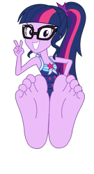 Size: 3500x6500 | Tagged: safe, artist:keronianniroro, sci-twi, twilight sparkle, human, equestria girls, equestria girls series, forgotten friendship, g4, adorasexy, adorkable, barefoot, base used, clothes, cute, dork, feet, female, fetish, foot fetish, foot focus, glasses, grin, looking at you, peace sign, ponytail, sci-twi swimsuit, sexy, simple background, smiling, soles, solo, swimsuit, toes, transparent background, twiabetes, vector