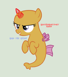 Size: 1832x2060 | Tagged: safe, artist:redthebronypony, seapony (g4), g4, season 8, surf and/or turf, bald, base, blue text, female, filly, foal, gray background, grin, hooves, ms paint, narrowed eyes, red text, simple background, smiling, solo, text, underhoof