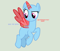 Size: 1253x1073 | Tagged: safe, artist:redthebronypony, alicorn, pony, g4, bald, base, blue text, female, flying, frown, gray background, hooves, mare, ms paint, red text, simple background, solo, text