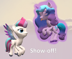 Size: 1316x1080 | Tagged: safe, artist:red4567, izzy moonbow, zipp storm, pegasus, pony, unicorn, g4, g5, 3d, atg 2022, duo, duo female, female, g5 to g4, generation leap, hypocrisy, hypocritical humor, levitation, magic, mare, newbie artist training grounds, self-levitation, show off, source filmmaker, teasing, telekinesis, tongue out, unamused, zipp storm is not amused